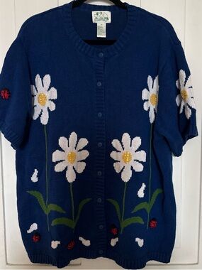 Quacker Factory Vintage Navy Cardigan with Floral and Insect Accents